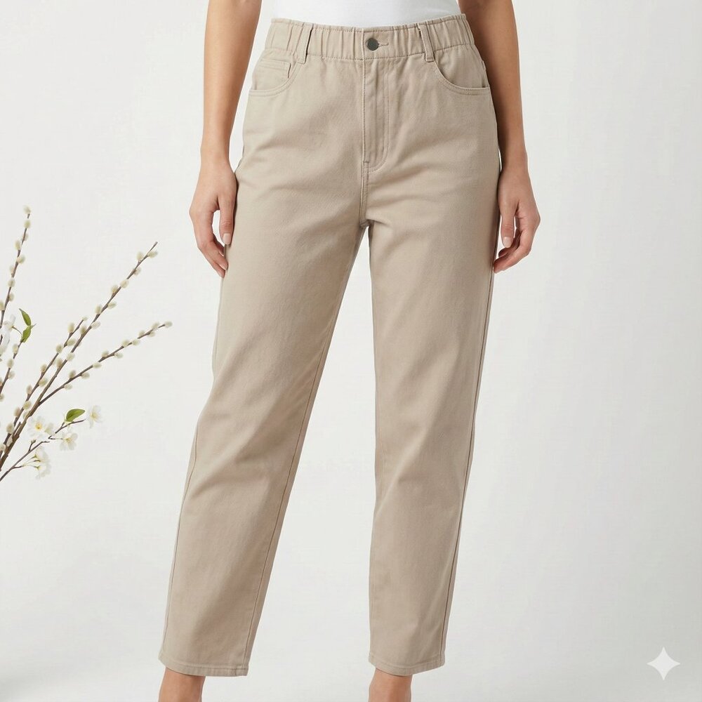 H&M Beige High-Waisted Elastic Waist Twill Pants - Size 12